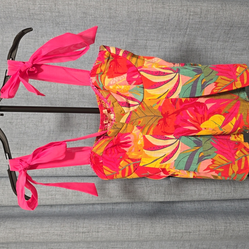 Evolutionary Crop Top Colorful‎ Tropical Floral  with Pink Ribbon Straps Size XL